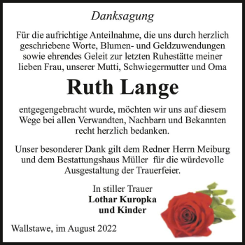 Traueranzeige von Ruth Lange  von Magdeburger Volksstimme
