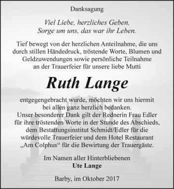 Traueranzeige von Ruth Lange  von Magdeburger Volksstimme