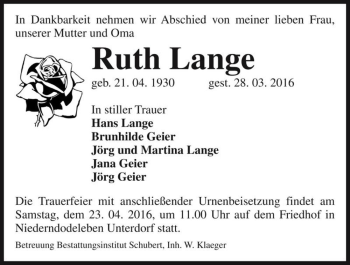Traueranzeige von Ruth Lange  von Magdeburger Volksstimme
