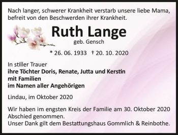 Traueranzeige von Ruth Lange (geb. Gensch)  von Magdeburger Volksstimme