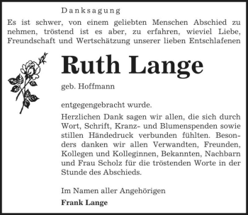 Traueranzeige von Ruth Lange (geb. Hoffmann)  von Magdeburger Volksstimme