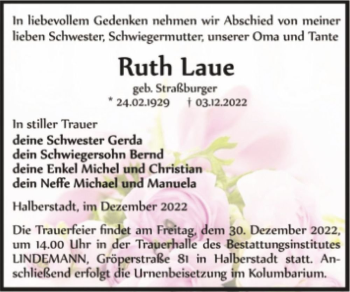 Traueranzeige von Ruth Laue (geb. Straßburger)  von Magdeburger Volksstimme
