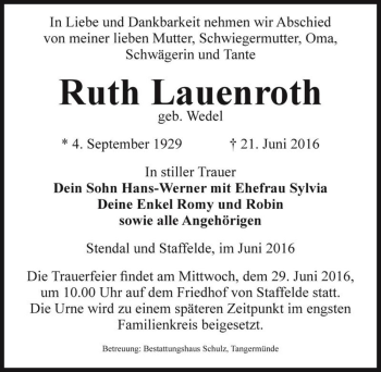 Traueranzeige von Ruth Lauenroth (geb. Wedel)  von Magdeburger Volksstimme
