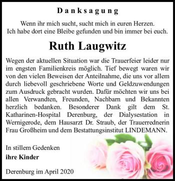 Traueranzeige von Ruth Laugwitz  von Magdeburger Volksstimme