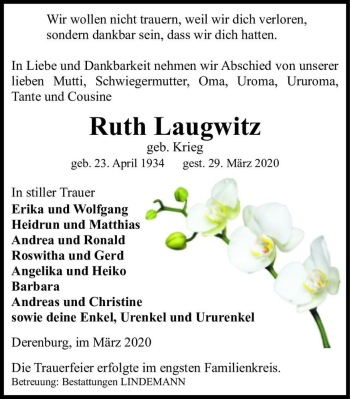 Traueranzeige von Ruth Laugwitz (geb. Krieg)  von Magdeburger Volksstimme