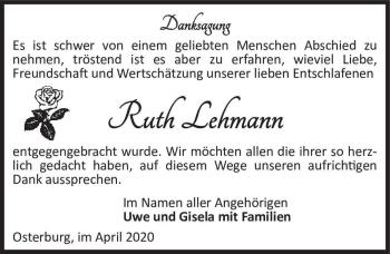 Traueranzeige von Ruth Lehmann  von Magdeburger Volksstimme