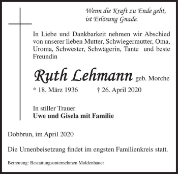 Traueranzeige von Ruth Lehmann (geb. Morche)  von Magdeburger Volksstimme
