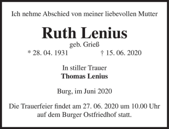 Traueranzeige von Ruth Lenius (geb. Grieß)  von Magdeburger Volksstimme