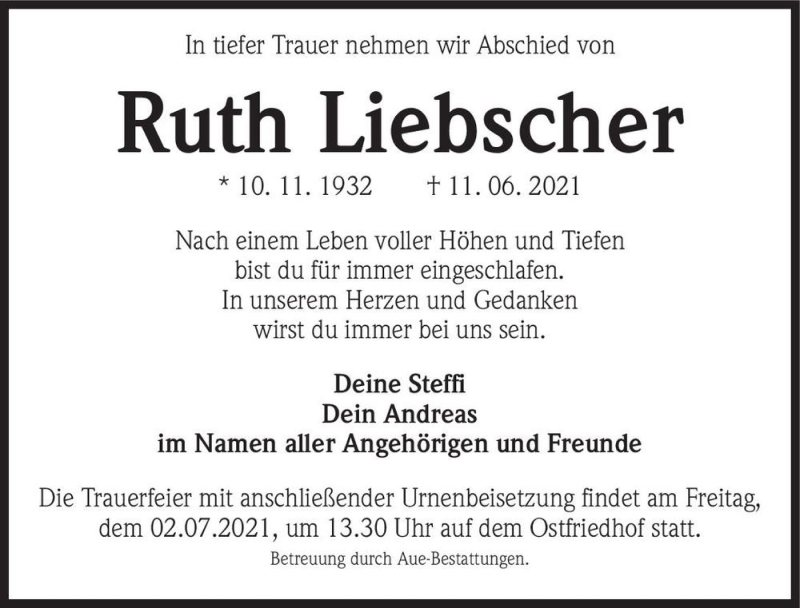  Traueranzeige für Ruth Liebscher  vom 26.06.2021 aus Magdeburger Volksstimme