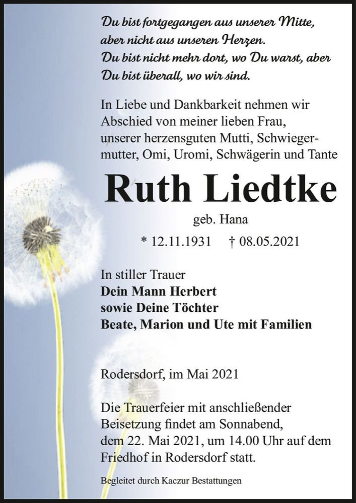  Traueranzeige für Ruth Liedtke (geb. Hana)  vom 15.05.2021 aus Magdeburger Volksstimme