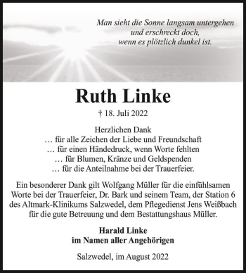 Traueranzeige von Ruth Linke  von Magdeburger Volksstimme