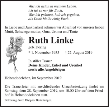 Traueranzeige von Ruth Linke (geb. Döring)  von Magdeburger Volksstimme