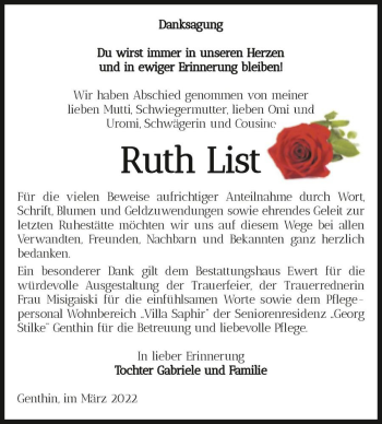 Traueranzeige von Ruth List  von Magdeburger Volksstimme