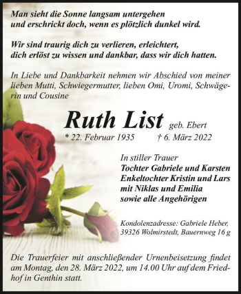 Traueranzeige von Ruth List (geb. Ebert)  von Magdeburger Volksstimme