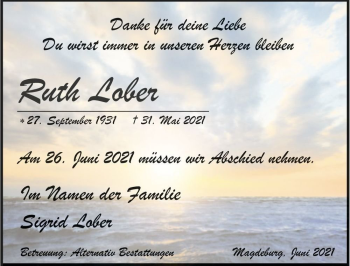 Traueranzeige von Ruth Lober  von Magdeburger Volksstimme