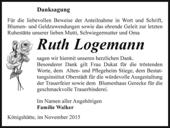 Traueranzeige von Ruth Logemann  von Magdeburger Volksstimme