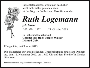 Traueranzeige von Ruth Logemann (geb. Kayser)  von Magdeburger Volksstimme