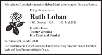 Traueranzeige von Ruth Lohan  von Magdeburger Volksstimme