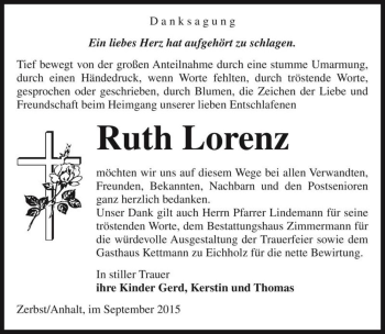 Traueranzeige von Ruth Lorenz  von Magdeburger Volksstimme