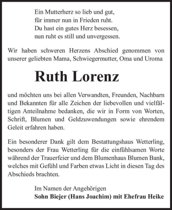 Traueranzeige von Ruth Lorenz  von Magdeburger Volksstimme