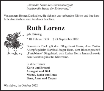 Traueranzeige von Ruth Lorenz (geb. Böwing)  von Magdeburger Volksstimme