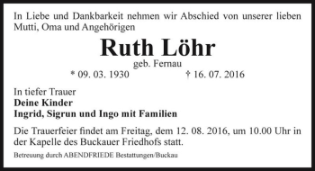 Traueranzeige von Ruth Löhr (geb. Fernau)  von Magdeburger Volksstimme