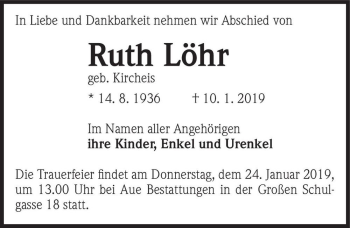 Traueranzeige von Ruth Löhr (geb. Kircheis)  von Magdeburger Volksstimme