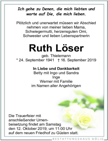 Traueranzeige von Ruth Löser (geb. Thielemann)  von Magdeburger Volksstimme