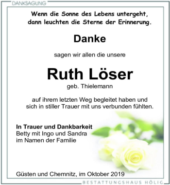 Traueranzeige von Ruth Löser (geb. Thielemann)  von Magdeburger Volksstimme