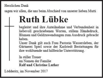 Traueranzeige von Ruth Lübke  von Magdeburger Volksstimme
