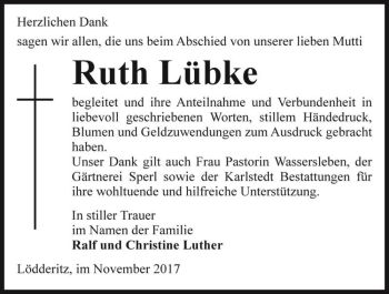 Traueranzeige von Ruth Lübke  von Magdeburger Volksstimme