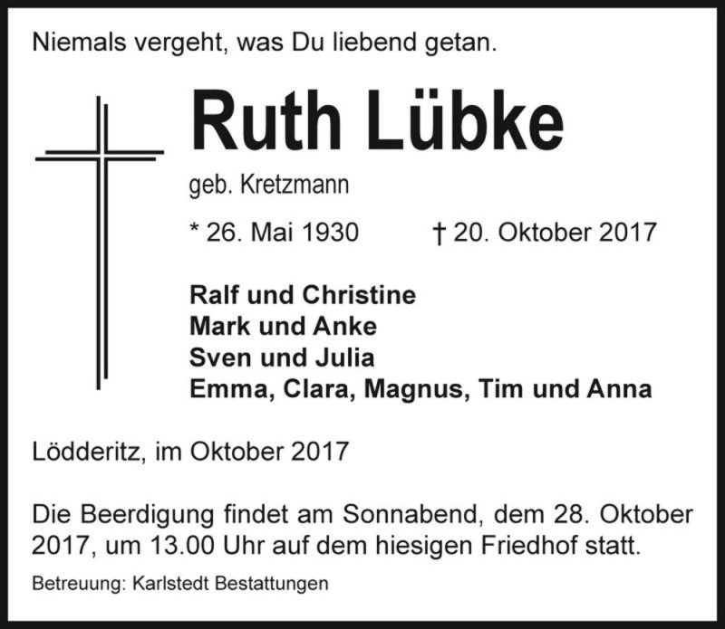  Traueranzeige für Ruth Lübke (geb. Kretzmann)  vom 25.10.2017 aus Magdeburger Volksstimme