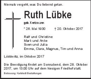 Traueranzeige von Ruth Lübke (geb. Kretzmann)  von Magdeburger Volksstimme
