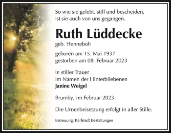 Traueranzeige von Ruth Lüddecke (geb. Henneboh)  von Magdeburger Volksstimme