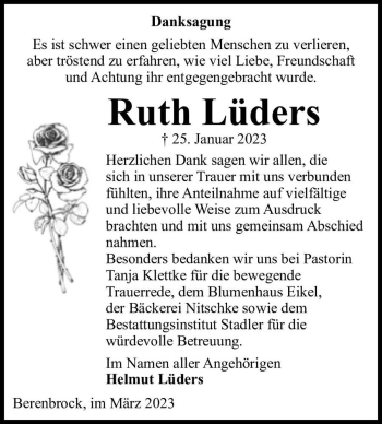 Traueranzeige von Ruth Lüders  von Magdeburger Volksstimme