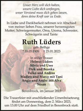 Traueranzeige von Ruth Lüders (geb. Bethge)  von Magdeburger Volksstimme