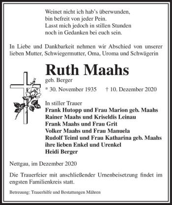 Traueranzeige von Ruth Maahs (geb. Berger)  von Magdeburger Volksstimme