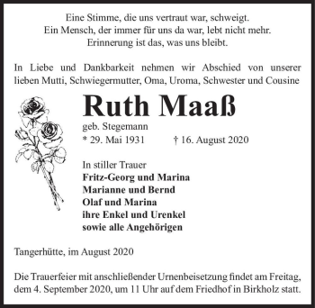Traueranzeige von Ruth Maaß (geb. Stegemann)  von Magdeburger Volksstimme