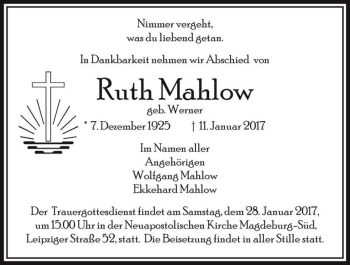 Traueranzeige von Ruth Mahlow (geb. Werner)  von Magdeburger Volksstimme
