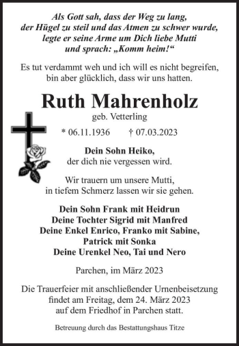 Traueranzeige von Ruth Mahrenholz (geb. Vetterling)  von Magdeburger Volksstimme