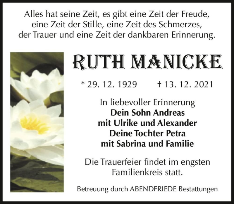 Traueranzeige für Ruth Manicke  vom 18.12.2021 aus Magdeburger Volksstimme