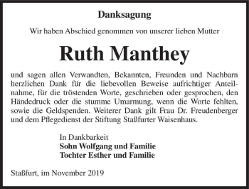 Traueranzeige von Ruth Manthey  von Magdeburger Volksstimme