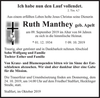 Traueranzeige von Ruth Manthey (geb. Apelt)  von Magdeburger Volksstimme