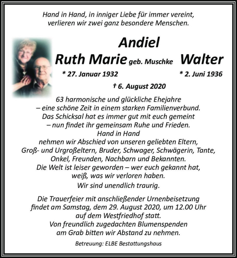  Traueranzeige für Ruth Marie (geb. Muschke) und Walter Andiel  vom 22.08.2020 aus Magdeburger Volksstimme