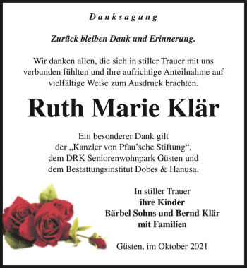 Traueranzeige von Ruth Marie Klär  von Magdeburger Volksstimme