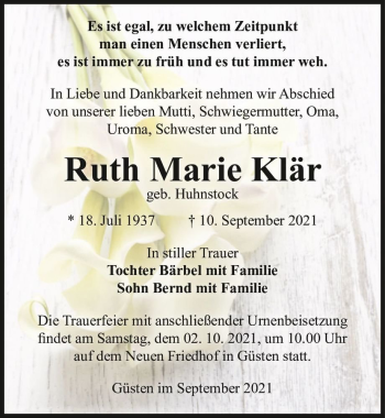 Traueranzeige von Ruth Marie Klär (geb. Huhnstock)  von Magdeburger Volksstimme