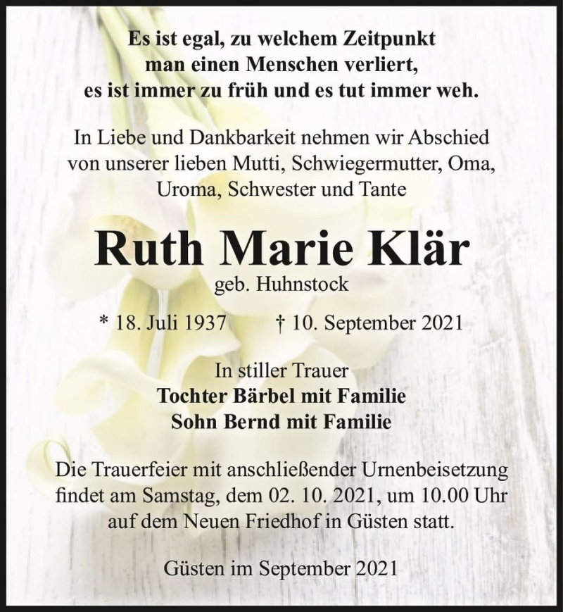  Traueranzeige für Ruth Marie Klär (geb. Huhnstock)  vom 18.09.2021 aus Magdeburger Volksstimme