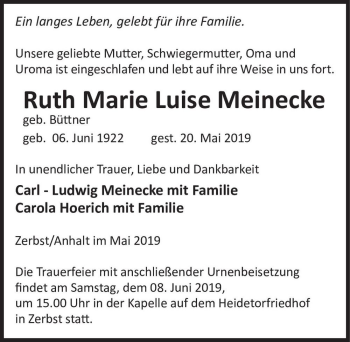 Traueranzeige von Ruth Marie Luise Meinecke (geb. Büttner)  von Magdeburger Volksstimme