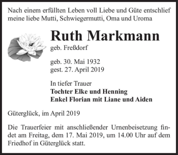 Traueranzeige von Ruth Markmann (geb. Freßdorf)  von Magdeburger Volksstimme