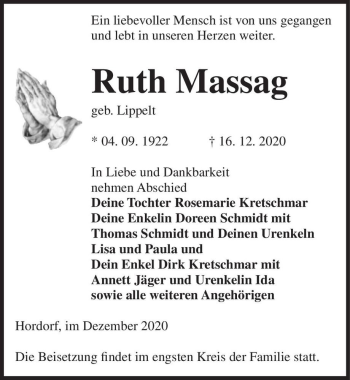Traueranzeige von Ruth Massag (geb. Lippelt)  von Magdeburger Volksstimme